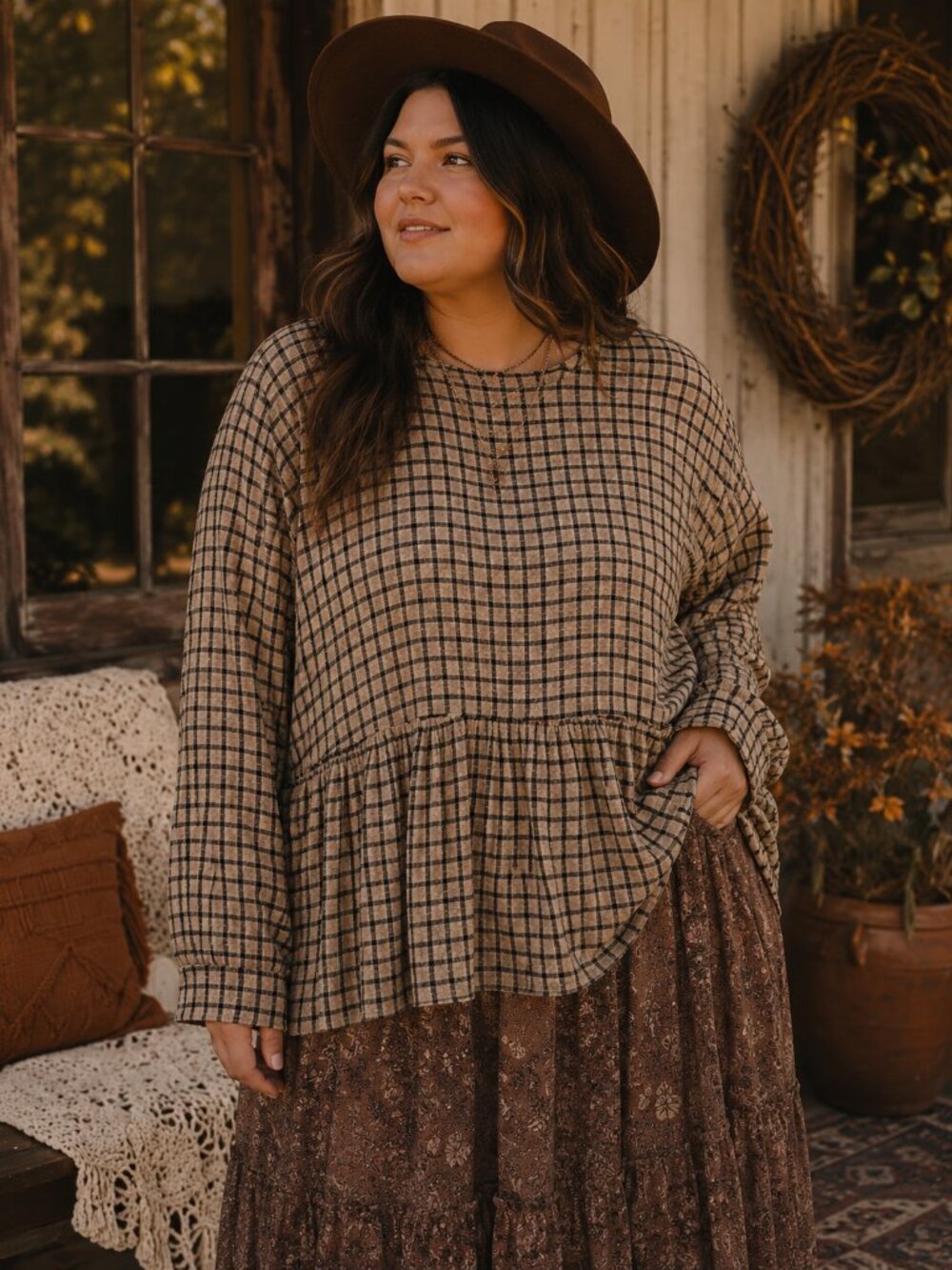 Madewell Plaid Peplum Long Sleeve Blouse